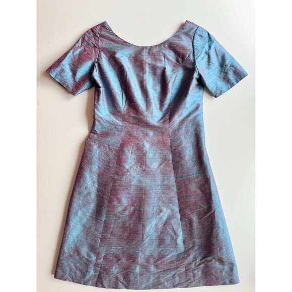 Vintage 60's Unbranded Iridescent Blue Teal Dupioni Silk A-Line Dress, Size S - Picture 5 of 11